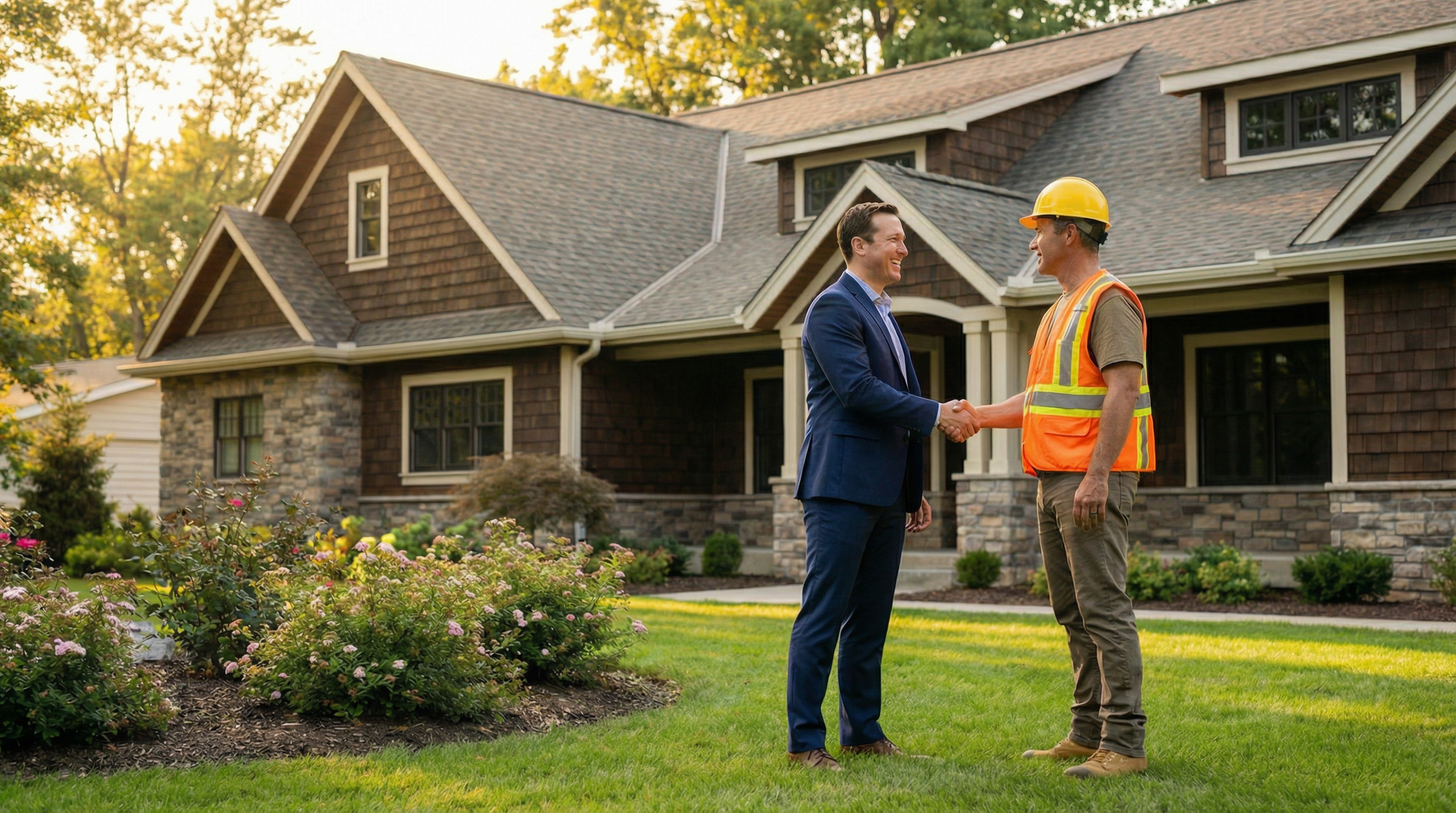 Business professional and roofing contractor shaking hands in front of a completed home